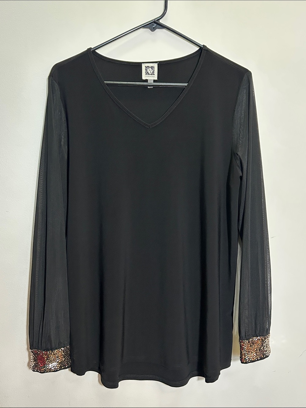 Anne Klein Black V-Neck Long Sleeve Top with Multicolor Sequin Cuffs